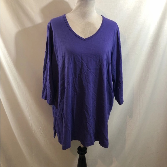 Woman Within Tops - Woman Within Purple 3/4 Sleeve V Neck Top - Womens 1X, Bust 25.5”, Length 30.5”